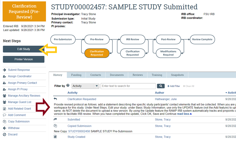 How do I respond to a Clarification Request and/or update study ...